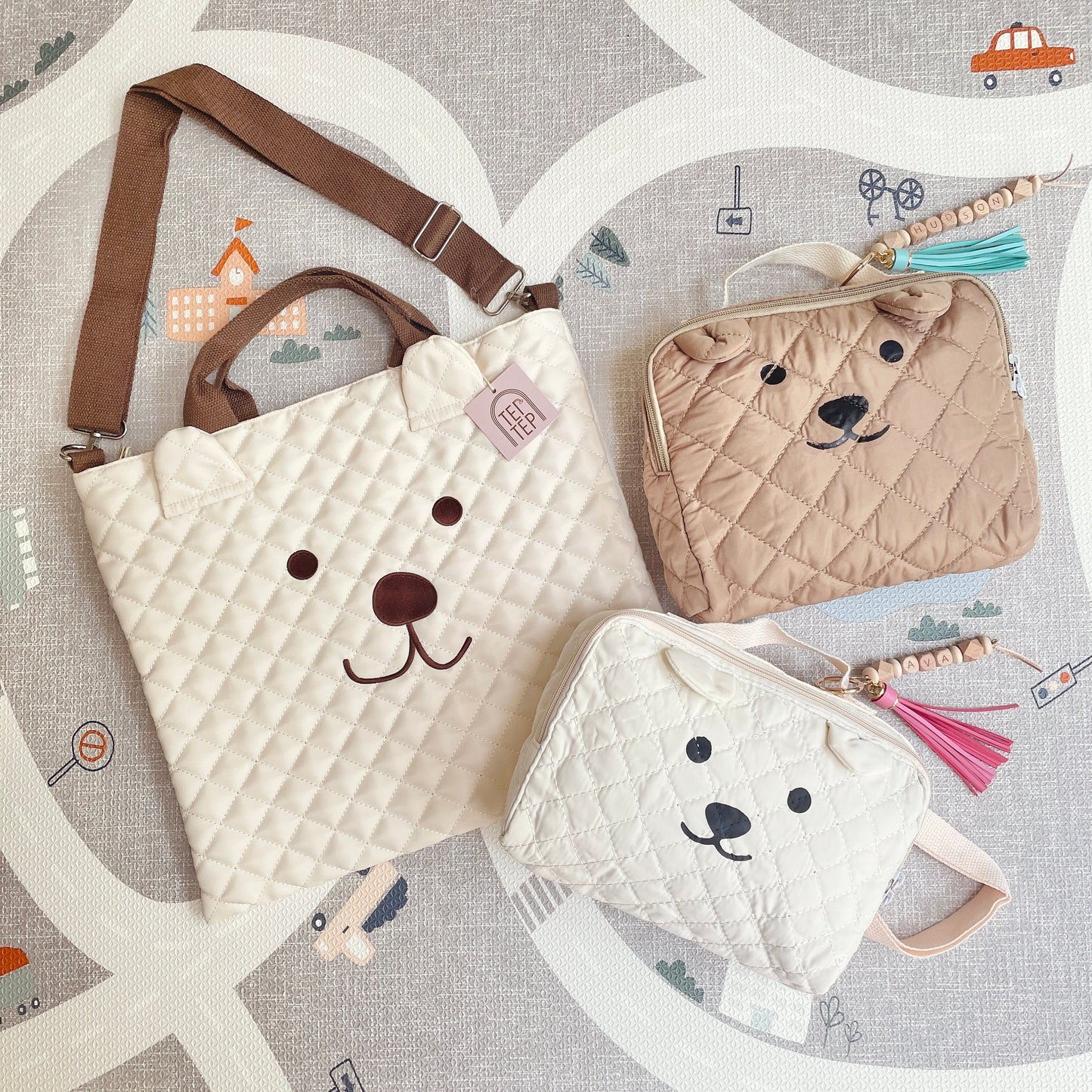 Quilted Bear Embroidered Diaper Bag